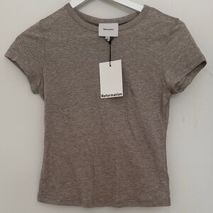 Reformation Short-Sleeve Crewneck Tee in Taupe Heather